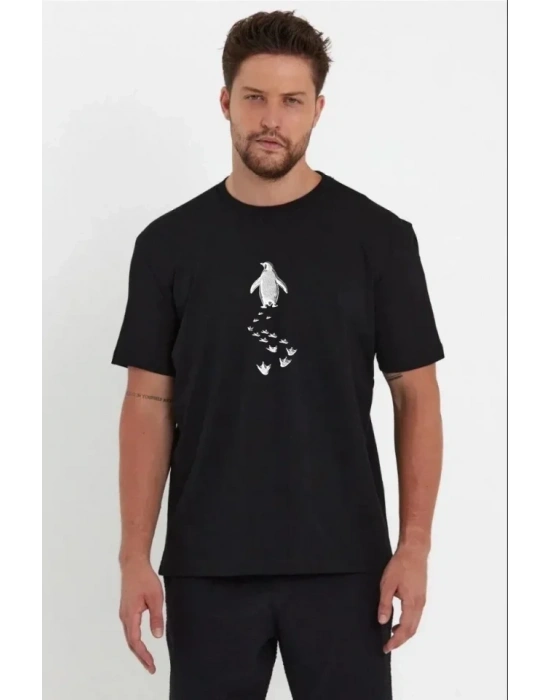 Erkek Nihilist Penguen Temalı Oversize Bisiklet Yaka Tişört  iyah