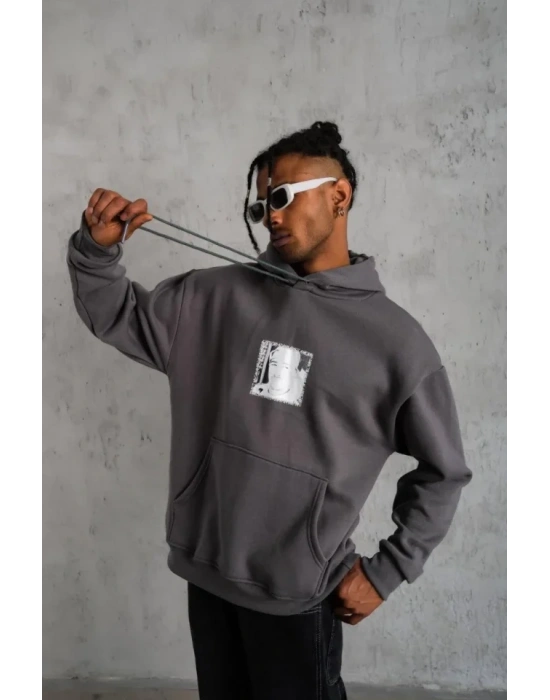 Erkek Ön Arka Baskılı Kapşonlu weat  Gri