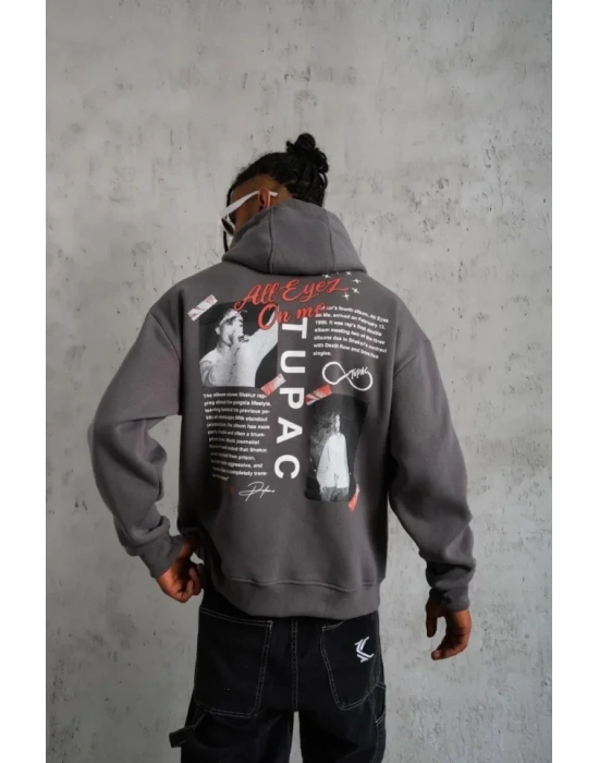 Erkek Ön Arka Baskılı Kapşonlu weat  Gri