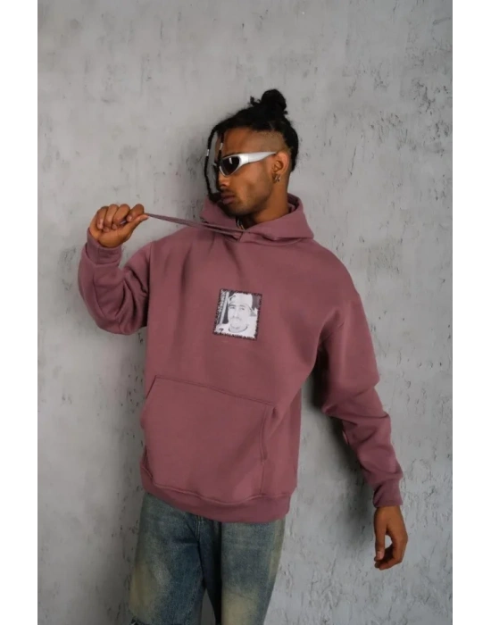 Erkek Ön Arka Baskılı Kapşonlu weat  Gül Kurusu