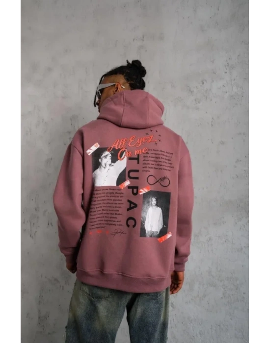 Erkek Ön Arka Baskılı Kapşonlu weat  Gül Kurusu