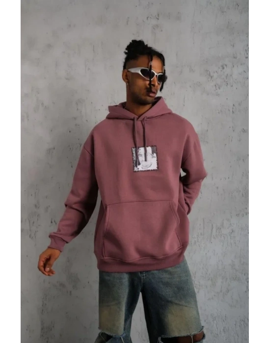 Erkek Ön Arka Baskılı Kapşonlu weat  Gül Kurusu