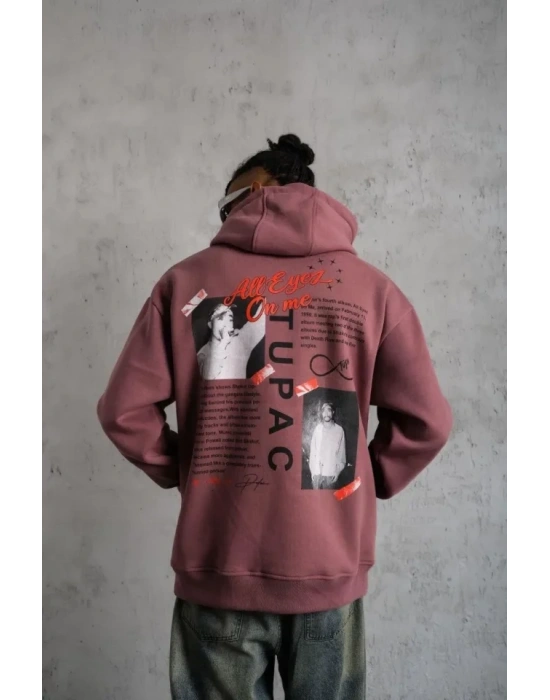 Erkek Ön Arka Baskılı Kapşonlu weat  Gül Kurusu