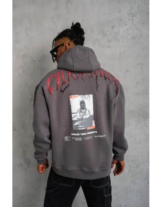 Erkek Ön Ve Arka Baskılı Kapüşonlu 3 İplik weatshirt  Füme