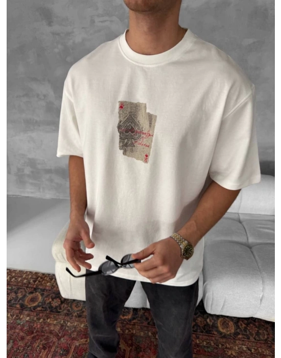 Erkek Ön Ve Arka Baskılı Oversize Bisiklet Yaka Tshirt  Beyaz