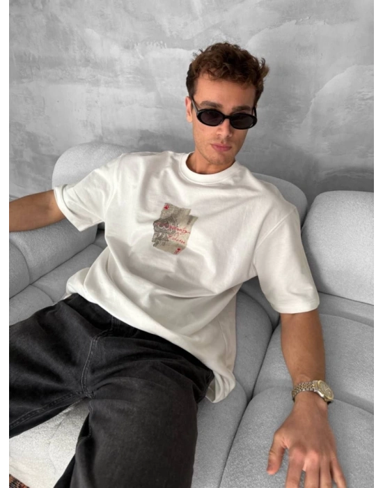 Erkek Ön Ve Arka Baskılı Oversize Bisiklet Yaka Tshirt  Beyaz