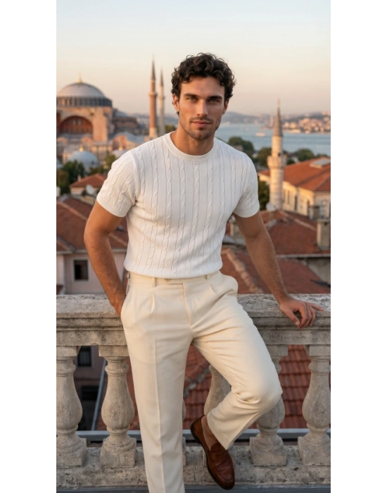 Erkek Örgü Desen Bisiklet Yaka Triko Tişört  %100 Pamuk Akrilik