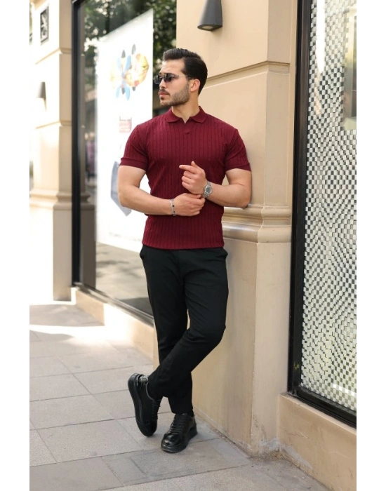 Erkek Örgü Desen Yakalı Kısa Kollu Triko Tişört