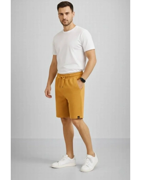 Erkek Otoban Dokuma Şort Beli astikli Bağcıklı, Cepli, Rahat Kesim Günlük Yazlık Şort  Hardal