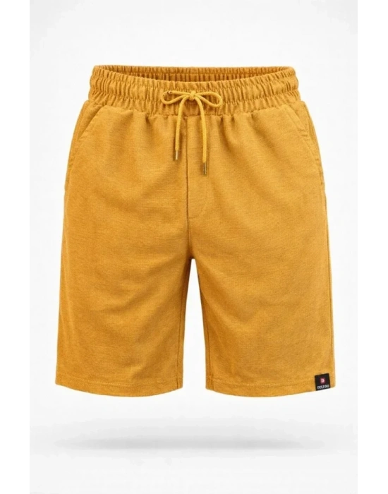 Erkek Otoban Dokuma Şort Beli astikli Bağcıklı, Cepli, Rahat Kesim Günlük Yazlık Şort  Hardal