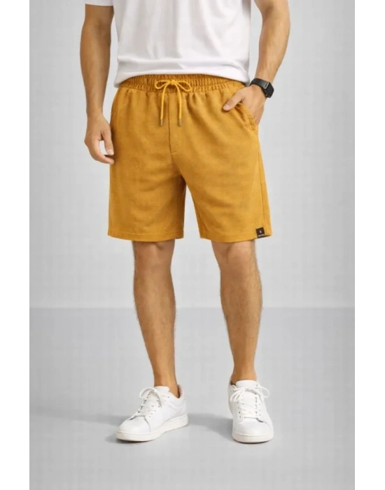 Erkek Otoban Dokuma Şort Beli astikli Bağcıklı, Cepli, Rahat Kesim Günlük Yazlık Şort  Hardal