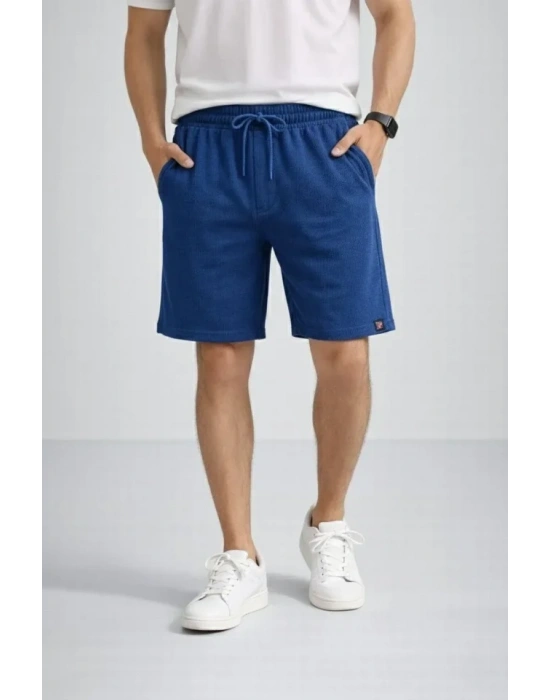 Erkek Otoban Dokuma Şort Beli astikli Bağcıklı, Cepli, Rahat Kesim Günlük Yazlık Şort  İndigo