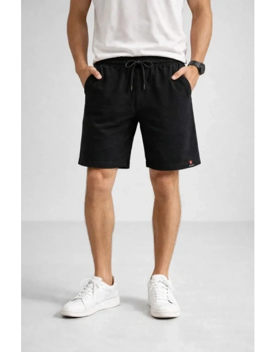 Erkek Otoban Dokuma Şort Beli astikli Bağcıklı, Cepli, Rahat Kesim Günlük Yazlık Şort  iyah