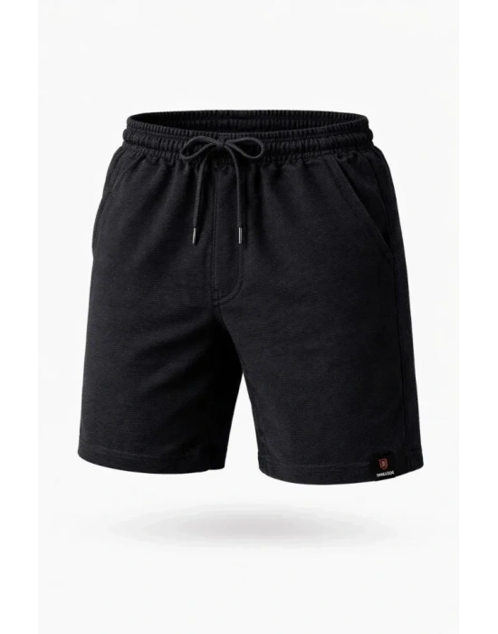 Erkek Otoban Dokuma Şort Beli astikli Bağcıklı, Cepli, Rahat Kesim Günlük Yazlık Şort  iyah