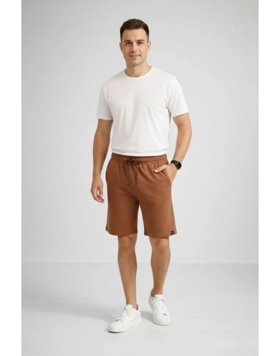 Erkek Otoban Dokuma Şort Beli astikli Bağcıklı, Cepli, Rahat Kesim Günlük Yazlık Şort  Kahverengi