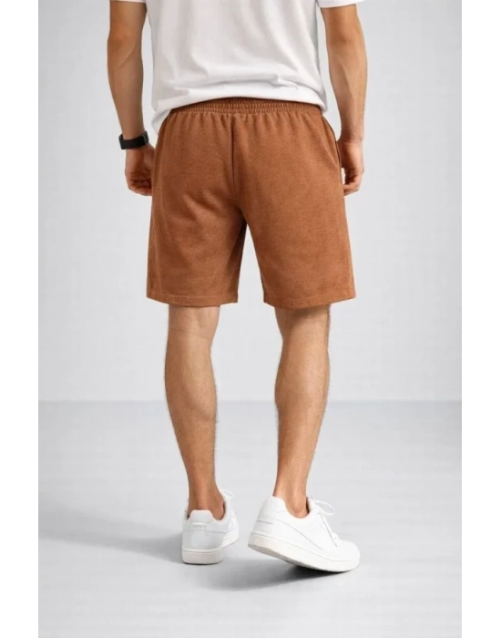 Erkek Otoban Dokuma Şort Beli astikli Bağcıklı, Cepli, Rahat Kesim Günlük Yazlık Şort  Kahverengi