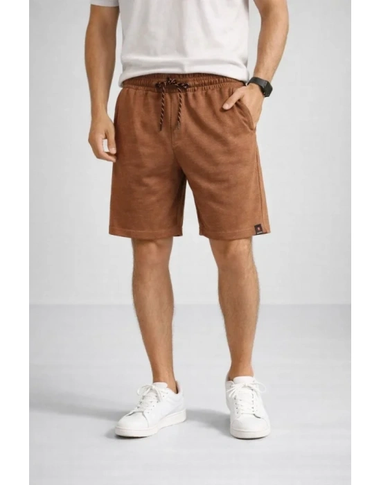 Erkek Otoban Dokuma Şort Beli astikli Bağcıklı, Cepli, Rahat Kesim Günlük Yazlık Şort  Kahverengi