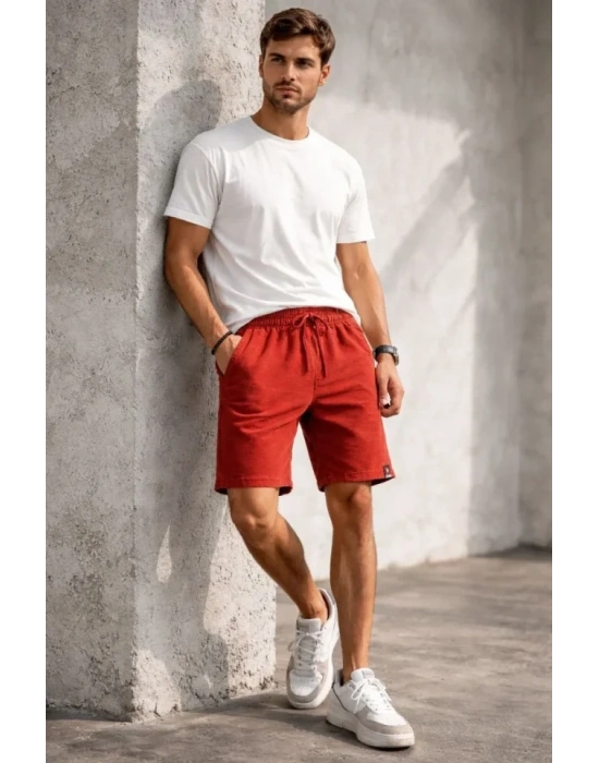 Erkek Otoban Dokuma Şort Beli astikli Bağcıklı, Cepli, Rahat Kesim Günlük Yazlık Şort  Turuncu