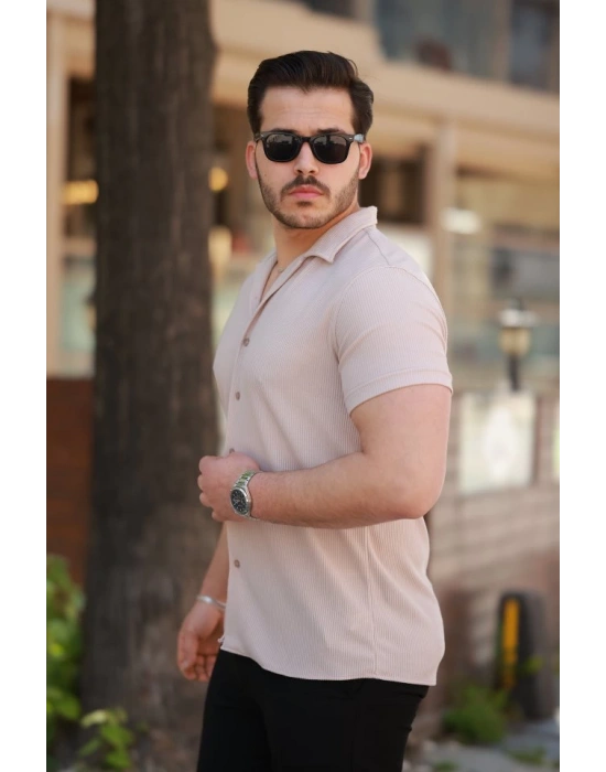 Erkek Ottoman Kumaş Apaj Yaka Kısa Kollu Gömlek