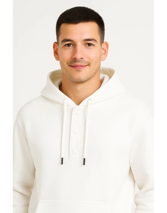 Erkek Ovarsize Kapüşonlu wetshirt Kanguru Çepli Cıtcıtlı 3 Iplik Şardonlu Hoodie  Beyaz
