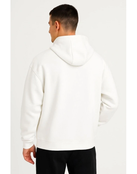 Erkek Ovarsize Kapüşonlu wetshirt Kanguru Çepli Cıtcıtlı 3 Iplik Şardonlu Hoodie  Beyaz