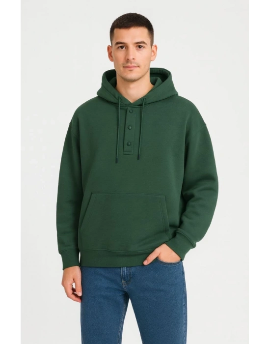 Erkek Ovarsize Kapüşonlu wetshirt Kanguru Çepli Cıtcıtlı 3 Iplik Şardonlu Hoodie  Haki
