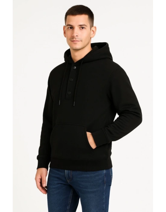 Erkek Ovarsize Kapüşonlu wetshirt Kanguru Çepli Cıtcıtlı 3 Iplik Şardonlu Hoodie  iyah