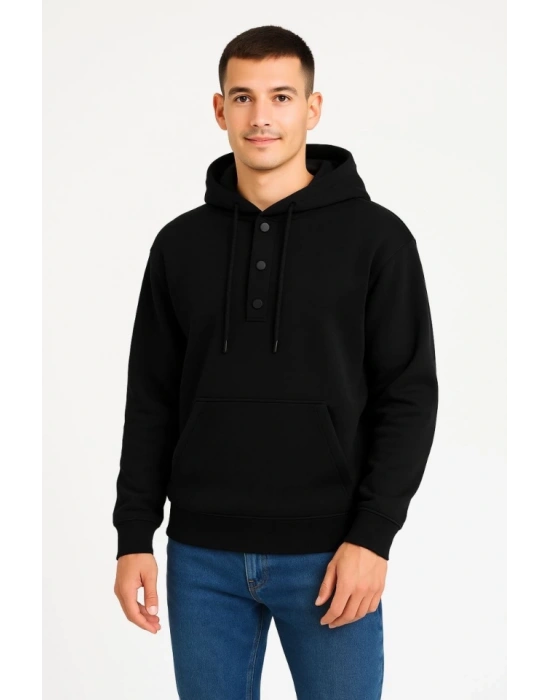 Erkek Ovarsize Kapüşonlu wetshirt Kanguru Çepli Cıtcıtlı 3 Iplik Şardonlu Hoodie  iyah