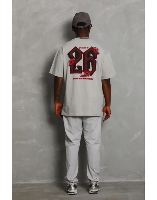 ERKEK Oversize Baskılı Bisiklet Yaka Thirt  Gri