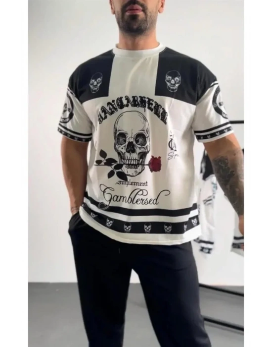 Erkek Oversize Dijital Baskılı Kuru Kafa Tshirt  Beyaz
