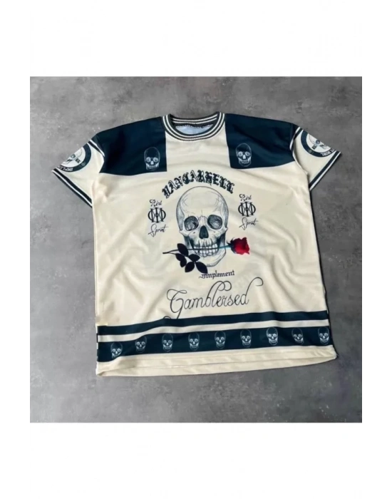 Erkek Oversize Dijital Baskılı Kuru Kafa Tshirt  Beyaz