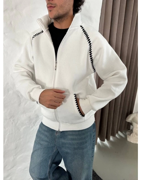 Erkek Oversize Dik Yaka Fermuarlı weatshirt  Zincir Nakışli Kanguru Cepli  Beyaz