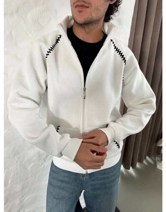 Erkek Oversize Dik Yaka Fermuarlı weatshirt  Zincir Nakışli Kanguru Cepli  Beyaz