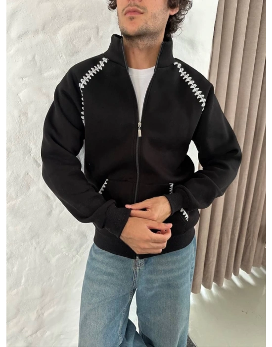 Erkek Oversize Dik Yaka Fermuarlı weatshirt  Zincir Nakışli Kanguru Cepli  iyah