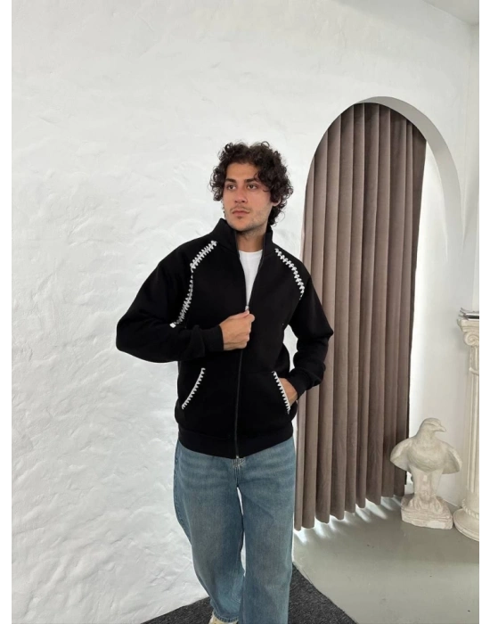 Erkek Oversize Dik Yaka Fermuarlı weatshirt  Zincir Nakışli Kanguru Cepli  iyah