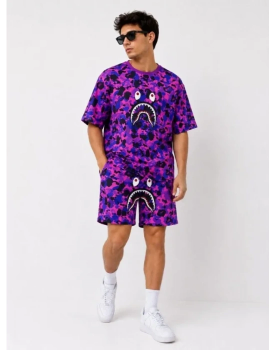 Erkek Oversize Kalıp Pubg Bape X hark Nakışlı Cepli Şort Takım  or