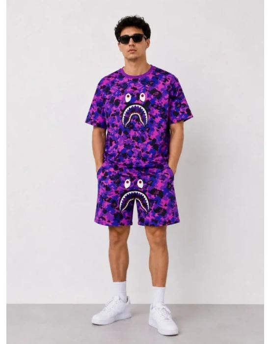 Erkek Oversize Kalıp Pubg Bape X hark Nakışlı Cepli Şort Takım  or