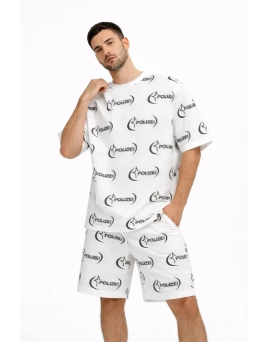 Erkek Oversize Ön Ve Arka Baskılı Tişört Şort Takım Rahat Kalıp Yazlık Günlük Kombin  Beyaz