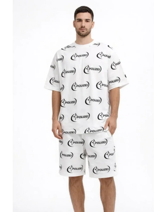 Erkek Oversize Ön Ve Arka Baskılı Tişört Şort Takım Rahat Kalıp Yazlık Günlük Kombin  Beyaz