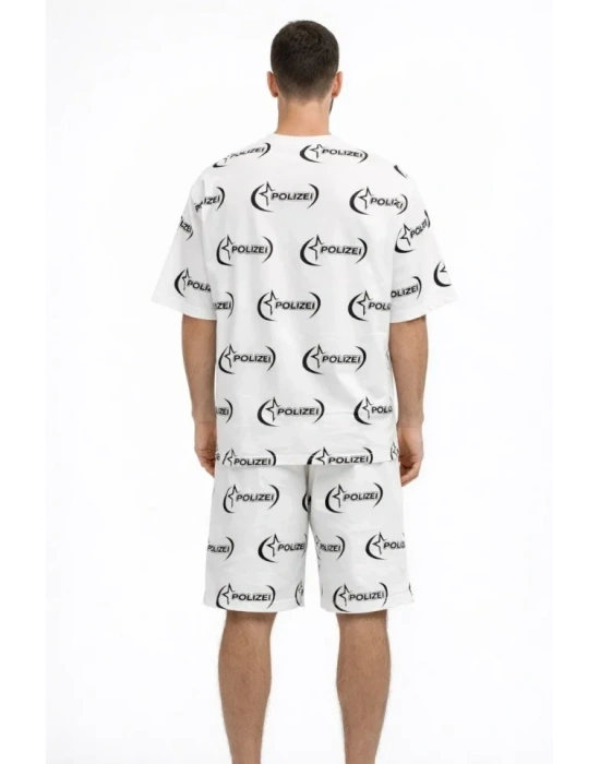 Erkek Oversize Ön Ve Arka Baskılı Tişört Şort Takım Rahat Kalıp Yazlık Günlük Kombin  Beyaz