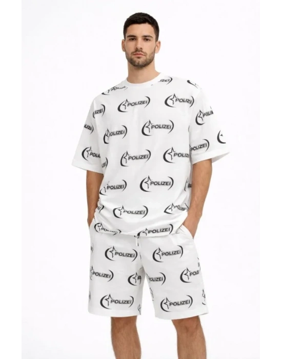 Erkek Oversize Ön Ve Arka Baskılı Tişört Şort Takım Rahat Kalıp Yazlık Günlük Kombin  Beyaz