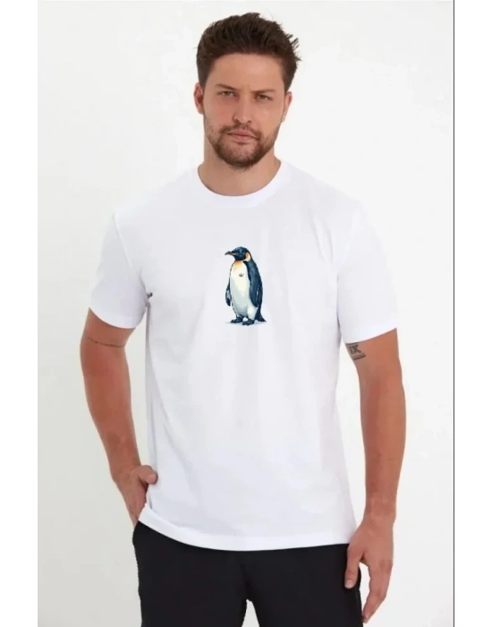 Erkek Oversize Tişört  ırt Baskılı urvivor Penguin Temalı, Felsefi Yazılı Bisiklet Yaka Tişört  Beyaz