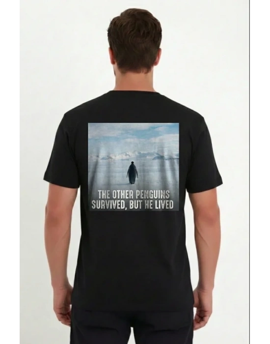 Erkek Oversize Tişört  ırt Baskılı urvivor Penguin Temalı, Felsefi Yazılı Bisiklet Yaka Tişört  iyah