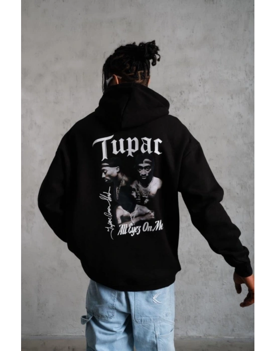 Erkek Oversize Üç İplik Kapüşonlu weat – iyah Kol Ve Etek Ribana Detaylı, Ön Ve ırt Baskılı, Kanguru Cepli Rahat Kalıp odel