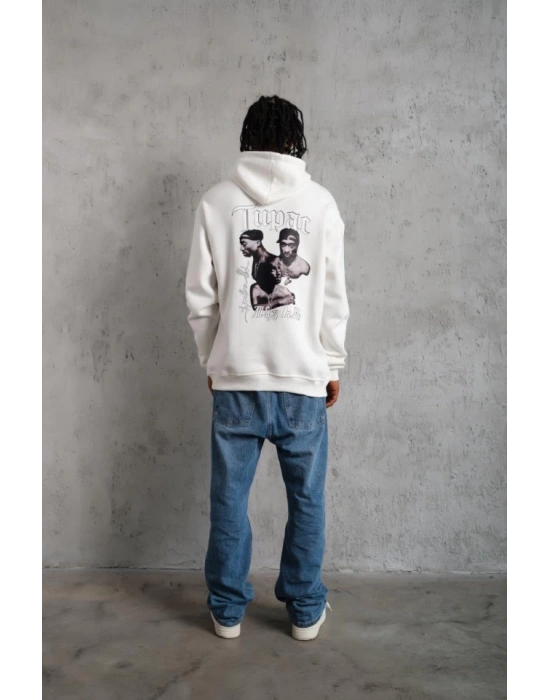 Erkek Oversize Üç İplik Kapüşonlu weat – Kol Ve Etek Ribana Detaylı, Ön Ve ırt Baskılı, Kanguru Cepli Rahat Kalıp odel  Beyaz