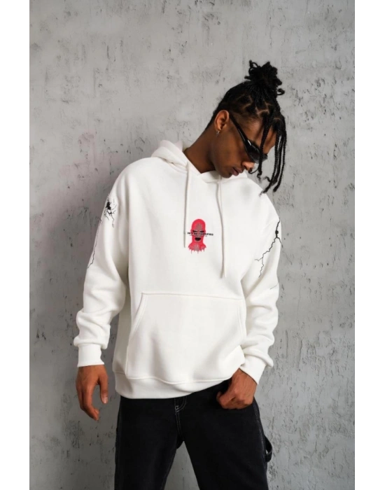 Erkek Oversize Üç İplik Kapüşonlu weatshirt – “Don’t Be Terrified” Ön, ırt Ve Kol Baskılı, Kanguru Cepli, Ribanalı Rahat odel  Beyaz