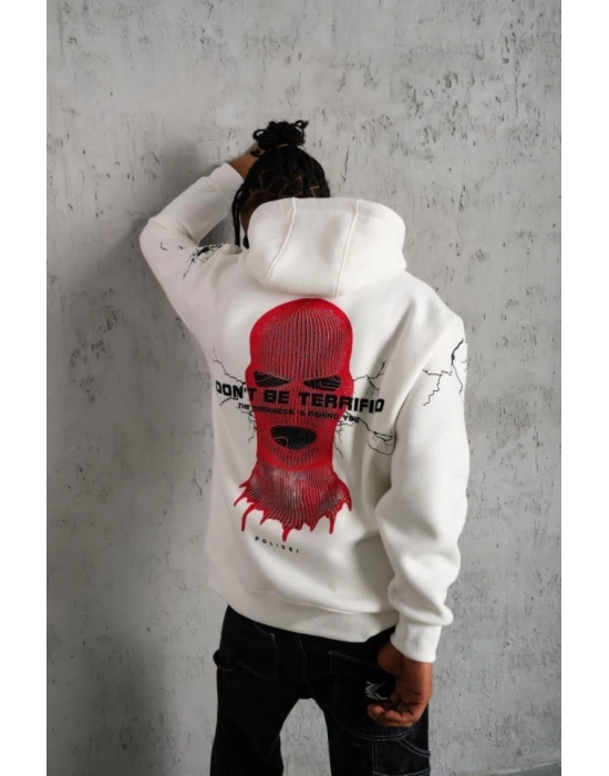 Erkek Oversize Üç İplik Kapüşonlu weatshirt – “Don’t Be Terrified” Ön, ırt Ve Kol Baskılı, Kanguru Cepli, Ribanalı Rahat odel  Beyaz