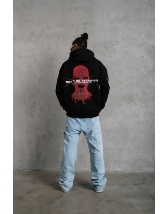 Erkek Oversize Üç İplik Kapüşonlu weatshirt – iyah “Don’t Be Terrified” Ön, ırt Ve Kol Baskılı, Kanguru Cepli, Ribanalı Rahat odel iyah