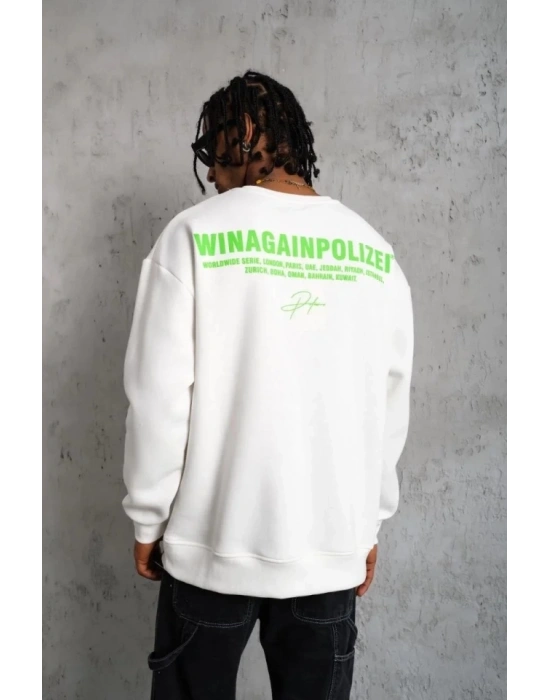 Erkek Oversize weatshirt – Beyaz Renk  Ön Ve ırt Baskılı, Üç İplik İçi Pamuklu Kumaş, Rahat Kalıp, Ribanalı Kışlık weat  Winagain Polizei erisi  Beyaz