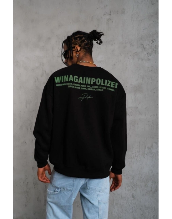 Erkek Oversize weatshirt – iyah Renk  Ön Ve ırt Baskılı, Üç İplik İçi Pamuklu Kumaş, Rahat Kalıp, Ribanalı Kışlık weat  Winagain Polizei erisi  iyah